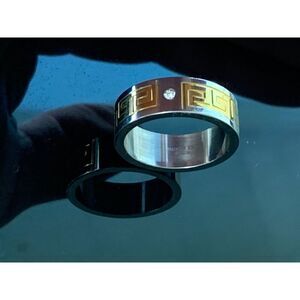 Men’s Wedding style band Inlaid Gold Mosiac Stainless Steel CZ Stone Sz 10.5 EUC